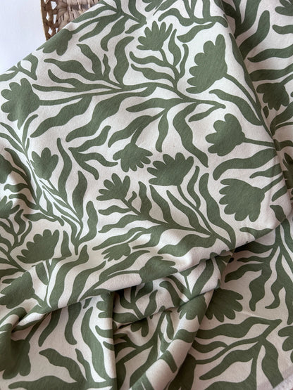 Tissu sweat motif végétal kaki/écru Emilia Fabrics