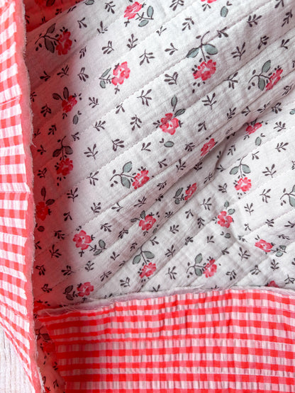 Tissu double gaze matelassé fleuri & seersucker vichy fluo corail Emilia Fabrics