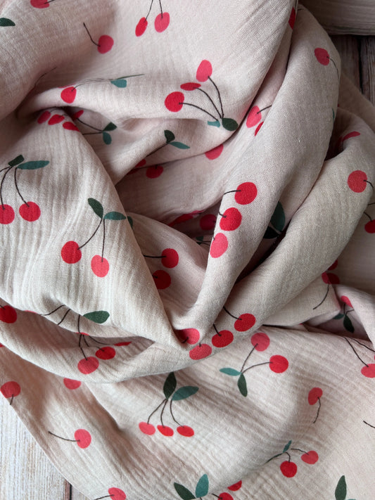 Tissu double gaze cerises Emilia Fabrics