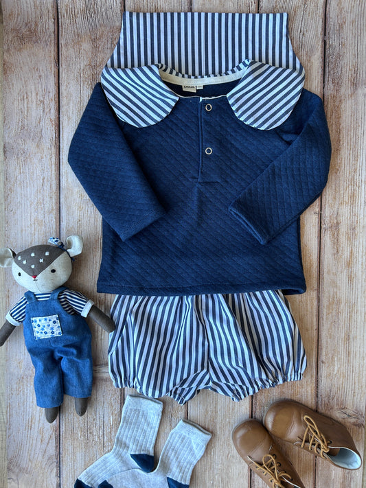 Sweat enfant matelassé à col rayé – Intemporel & confortable (12 mois – 10 ans) Emilia Maison créative