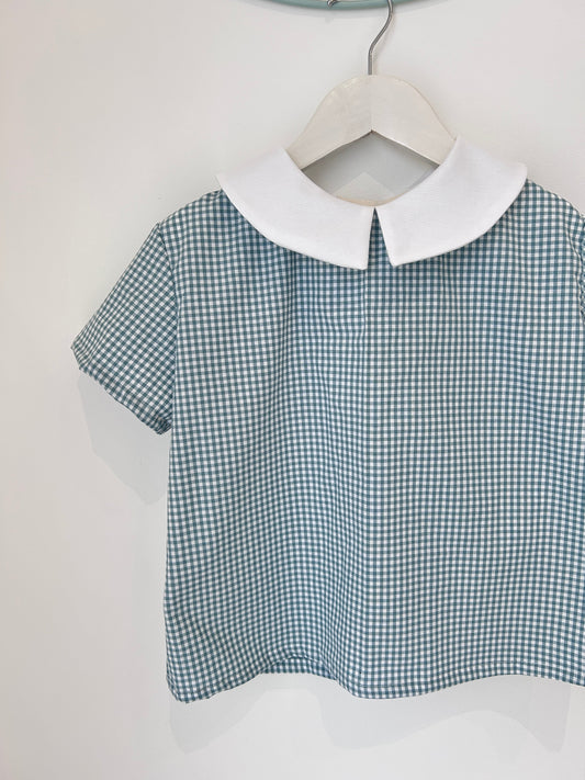 Blouse enfant Anatole – Vichy vert sauge & col chemise blanc Emilia Maison créative