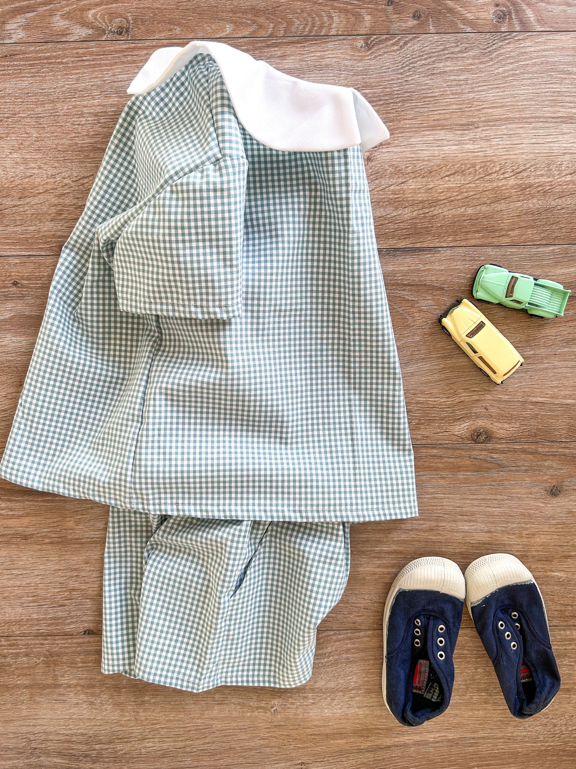 Blouse enfant Anatole – Vichy vert sauge & col chemise blanc Emilia Maison créative