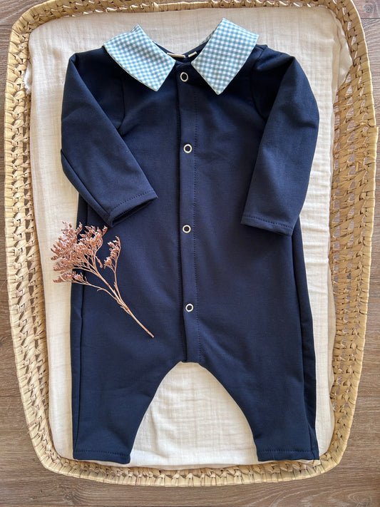 Combinaison bébé Louison – Bleu-marine et col vichy vert sauge Emilia Maison créative