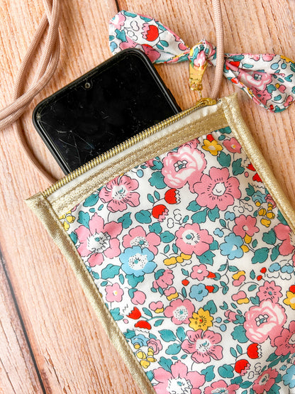 Pochette téléphone bandoulière Liberty pour femme confectionnée à la main