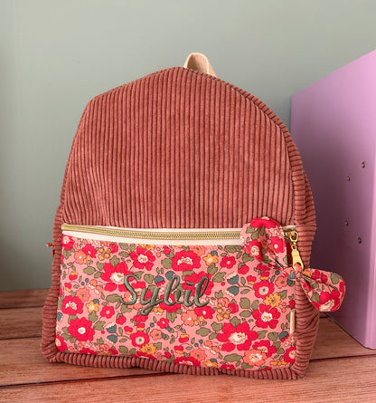 Sac à dos maternelle personnalisé en velours et Liberty cousu à la main